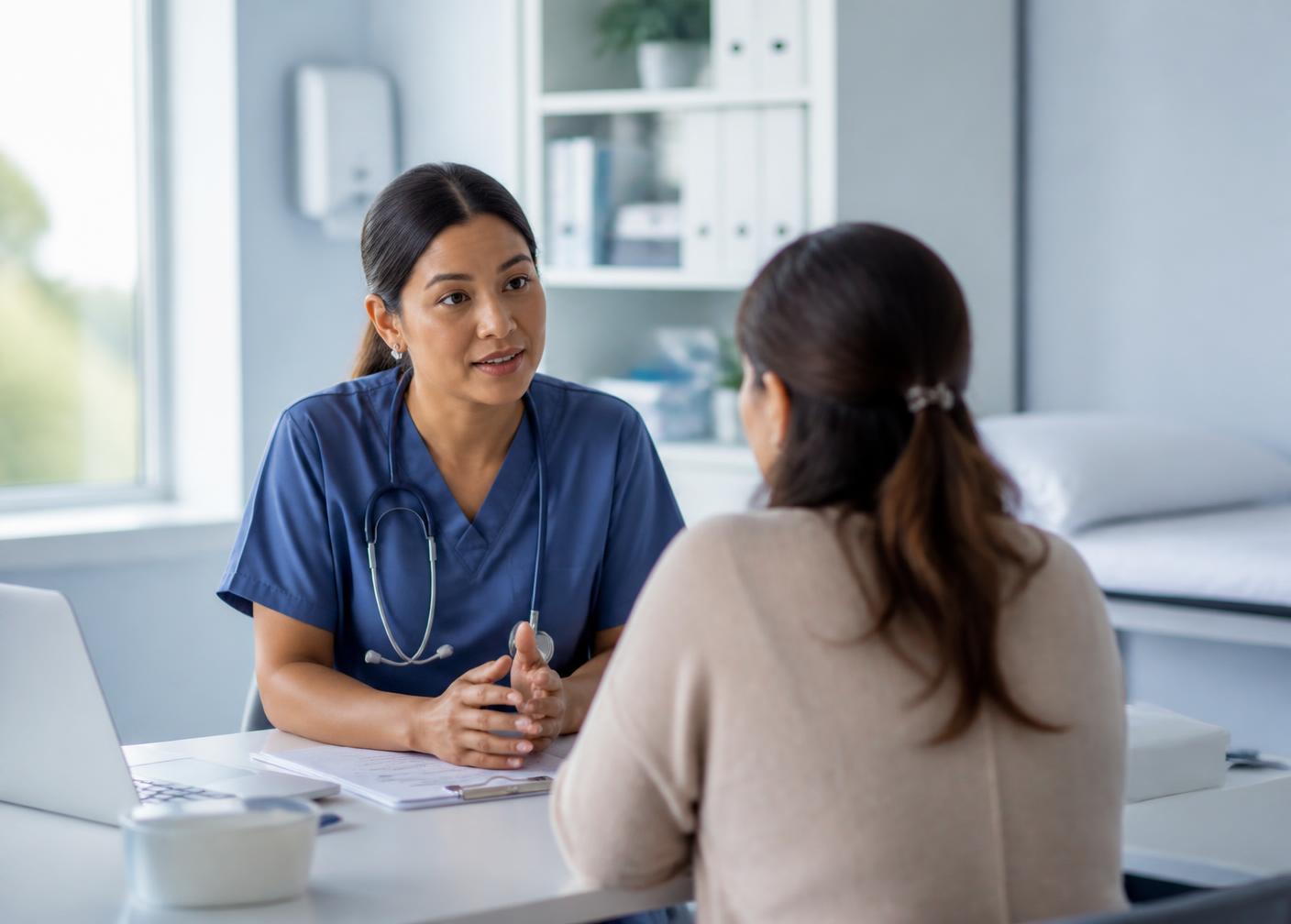 Profissional de saúde em atendimento a uma pessoa em consultório